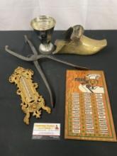 Vintage Thermometer, Cast Iron Cobbler Tool, W. German Measuring Cup, Ant. Brass Stirrup