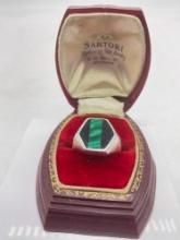 Vintage sterling silver men's size 9 hexagonal signet ring with Jet and Malachite setting