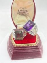 2 large sterling silver and crystal/cz laden cocktail rings w/ purple & smokey stone settings