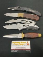 5 Knives, Husky, Smith & Wesson, Pakistan, and unmarked. 4 Folding Knives & Brass & Wood Boot Knife