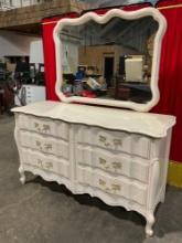 Vintage Cream Painted Lowboy Wooden Dresser w/ 6 Drawers, Scalloped Front & Attached Mirror. See