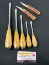 7 Woodworking Pieces, 2 Sharp Knives, and 5 Full Tang Screwdrivers, flat head