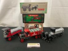 Trio of Texaco Coin Banks, Horse & Tanker, 1925 Kenworth Stake Truck & 1910 Mack Texaco Tanker