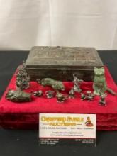 Antique Japanese Repousse Trinket Storage box & 11 Pewter & Bronze Figures