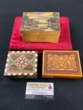 Trio of Trinket Boxes, Swiss Music Box, Spanish Marquetry & Italian Inlaid Wood