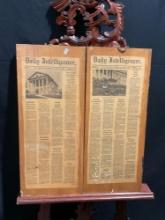 2x Plaques w/ Feb. 25, 1861 issue of Daily Intelligencer from Wheeling, VA incl. Lincolns Address