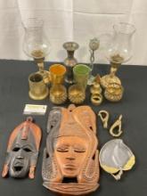 Assortment of Collectibles, Brass Vessels, Candlesticks, and Ashtray, Pair of African Wooden Masks