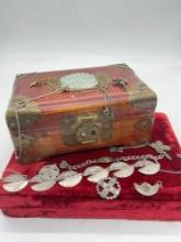 Vintage Sterling silver Religious pendants , crosses + necklace & Bracelet in antique wooden box