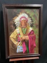 Framed Oil on Canvas, Native American Chief Portrait, signed by artist Brandy