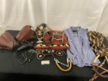 Assorted Horse Riding Tack Gear, Stirrups, Bridle, Horse Blanket, Wahl Shaver, and more