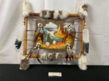 Native American Mandella Painting on Hide w/Log Frame Signed by Artist Moran