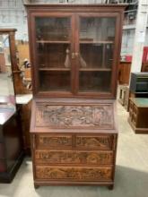 Far Eastern Furnishings Vintage Hand Carved Asian Secretary Desk w/ Cabinets - See pics