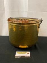 Vintage Hammer Brass Ice Bucket/ Kindling Basket w/ dried kindling inside