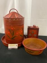Handpainted Orange Early 20th Century Metal Chicken Feeder, Bowl & Oil Can