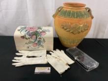 Italian Amphora style Ceramic Vase, Pair of Ladies Gloves & Handpainted Jewelry Chest