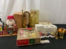 Vintage Christmas Decorations, Wooden Santas Workshop, Vintage ornaments, bugle, Tree Topper
