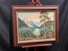 Framed Oil on Canvas Landscape, Northwest American type Scene, Mountains over Large Lake
