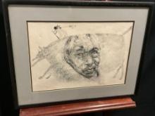 Framed Cave Painting Style piece w/ Detailed Pencil Drawn Portrait by Parri by N. Booty 71
