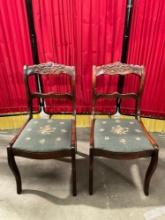 Pair of Antique Wooden Ladies' Parlor Chairs w/ Teal Floral Needlepoint Seats & Carved Rose Backs.