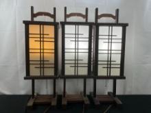 Trio of Mid Century Japanese Style Wooden Table Lamps, (Shoji) Rice Paper & Wood, tested and work...