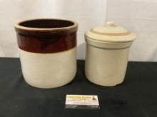 Pair of Stoneware Crocks, 1x Two Tone Beige & Brown, 1x Cream Pickling Jar w/ Lid