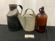 Vintage 4 Quart Galvanized Watering Can, Purex Amber Brown Glass Jug, Black painted Milk Jug w/ C...