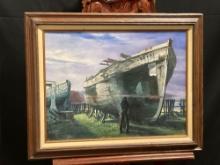 Framed Original Oil on Canvas, Dry Dock Shipyard by artist Roger Larimore 1980s