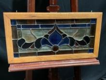 Framed Glass Window, Rectangular Blue/Amber/Cream Glass w/ Fleur de Lis