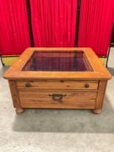 Vintage Riverside Furniture Co. Glass Topped Tiger Oak Coffee Table w/ 2 Drawers & Recessed Displ...