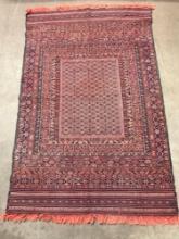 Antique Persian or Afghani Hand Woven Coral Pink & Navy Blue Wool Tapestry Rug w/ Intricate Patte...