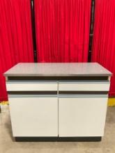 Vintage Composite & Laminate White & Gray Kitchen Cabinet w/ 2 Drawers & Cupboard w/ Shelf. See