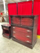 2 pcs Vintage Matched Bedroom Wooden Furniture Set. Tallboy Dresser & Bedside Table. See pics.