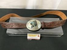 Native American Carved Leather Belt w/ Inlaid Mother of Pearl, Turquoise, Metal Buckle