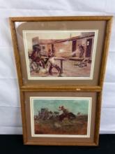 Pair of C.M. Russell Prints Titled - Death of a Gambler & Rider of the Rough String - Custom Oak