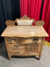 Antique Art Nouveau Tiger Oak Wheeled Commode w/ Mirror, 3 Drawers & Cupboard. See pics.