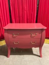 Vintage Ruby Red Painted Wooden Dresser w/ 2 Drawers, Brass Hardware & Cabriole Legs. See pics.