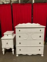 2 pcs Vintage White Painted Wooden Furniture. Built by John 4-Drawer Dresser & End Table. As Is. ...
