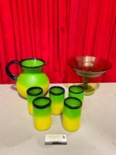 7 pcs Decorative Glass Assortment. Painted Pitcher w/ 5 Cups. Green Glass Fruit Bowl. See pics.