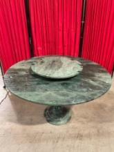 Vintage Round 2-Tier Green Marble Table w/ Bamboo Inspired Pedestal Base & Revolving Top. See pics.