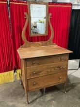 Vintage Nye Furniture Co. Tiger Oak Wheeled Vanity w/ Framed Mirror & Lyre Styled Accents. See pi...