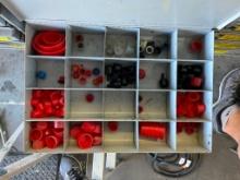 KM4 parts drawers: plastic cap plugs, e ring retainers, rubber grommets, tubing & hose connectors.