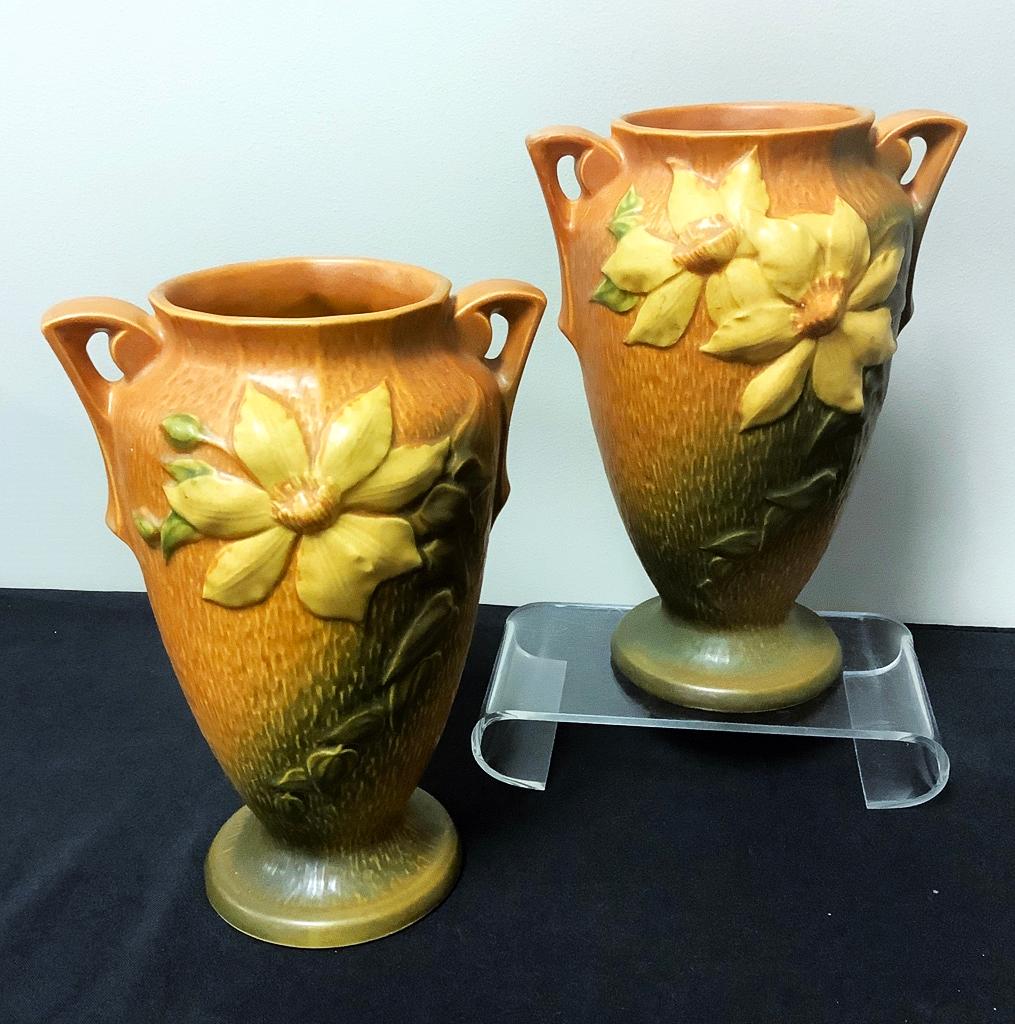 2 Roseville Pottery Clematis Vases - #111, 10"
