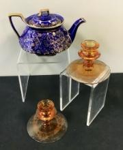 Limoges France Teapot;     Pair Elegant Glass Candleholders