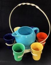 Vintage Wire Wave Stand W/ Fiestaware Pitcher & 6 Tumblers - 17"