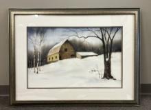 Watercolor - Winter Scene W/ Barn, Framed W/ Glass, 39½"x29½"