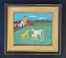Lawrence Lebduska (1894-1966) Oil On Masonite - Farmyard W/ Horses, Signed