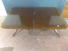 Vintage Mahogany Duncan Phyfe Double Pedestal Dining Table w/ Inlaid Edge & 2 Leaves