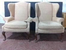Pair Upholstered Wingback Chairs w/ Queen Anne Legs