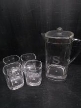 Lucite Pitcher with 4 Glasses Etched "S"