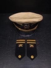 Antique WWII US Navy Officer Service Dress Cap & Shoulder Marks